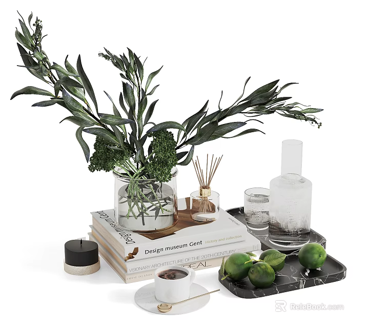 Decorative Ornament Set With Green Plants Clear Vase Stacked Books Aromatherapy Limes On Black Tray 3d model 