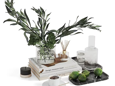 Decorative Ornament Set With Green Plants Clear Vase Stacked Books Aromatherapy Limes On Black Tray 3d model