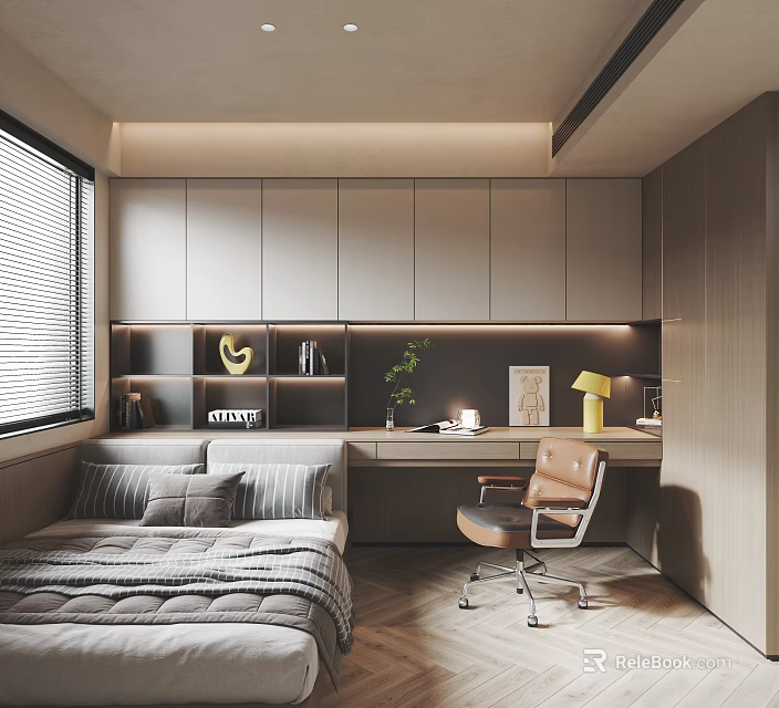 Modern Tatami Bedroom Featuring Tatami Bed Desk Chair Bookshelf Green Plant Decorations And Window Blinds 3d model 