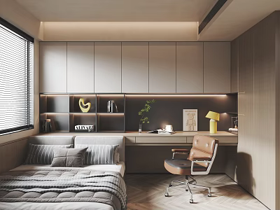 Modern Tatami Bedroom Featuring Tatami Bed Desk Chair Bookshelf Green Plant Decorations And Window Blinds 3d model