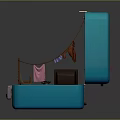 Open Blue Suitcase With Miniature Room Interior Featuring Bed Mirror And Small Furniture