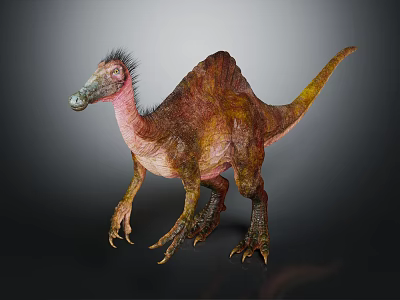 Feathered Dinosaur Character Standing With Brown Yellow Skin Spiked Back Long Tail Sharp Claws 3d model