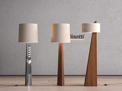 Three Modern Tapered Floor Lamps With Wooden Metallic Posts Beige Shades Gray Wall Setting 3d model