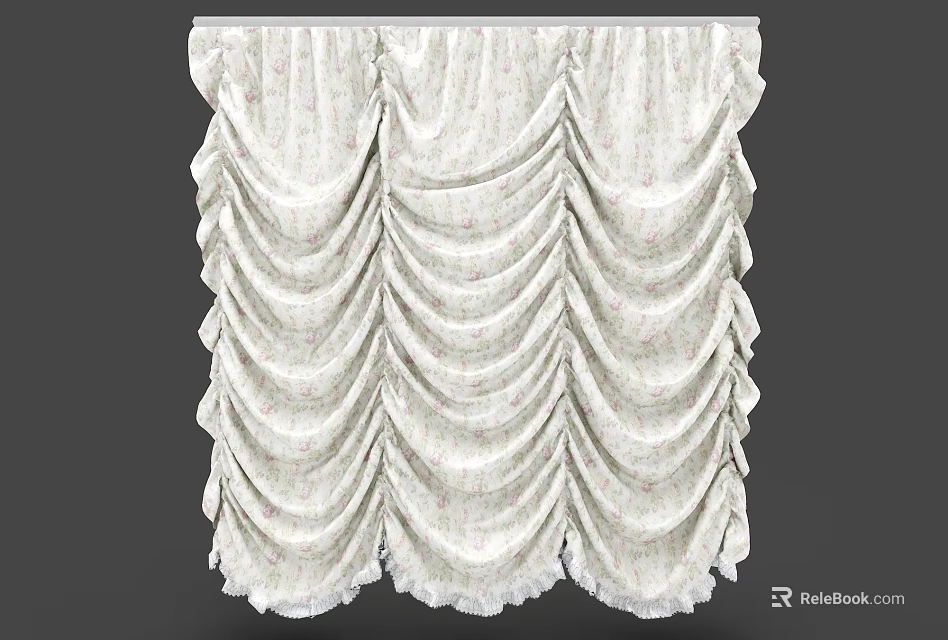 Elegant White Curtains With Layered Pleated Design And Fringed Edges 3d model 