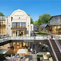 Modern Commercial Plaza With Market Area Pedestrian Walkways And Open Space At Evening