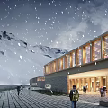 Modern Scattered Layout Hotel Buildings Under Starry Sky Milky Way Mountain Backdrop With Roof Lights