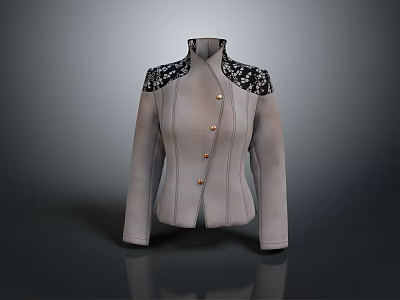 Elegant Gray Jacket With Black Lace Shoulder Details And Decorative Buttons 3d model