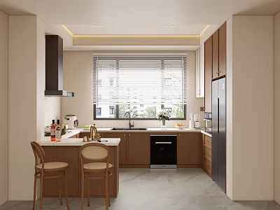 Modern Open Kitchen Interior Design With Island Counter Cabinets And Dining Chairs 3d model