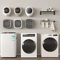 Three Modern Washing Machines Top Load And Front Load With Laundry Accessories Setup 3d model
