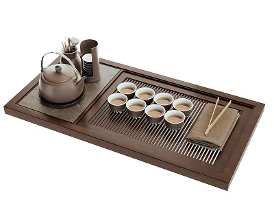 Elegant Tea Set With Teapot Cups And Bamboo Chopsticks On Wooden Tray 3d model