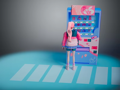 Vibrant Commercial Vending Machine With Pink Hair Doll Blue Exterior And White Floor Lines 3d model