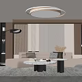 Modern Living Room Interior Design With Circular Ceiling Light Beige Sofa And Round Coffee Table