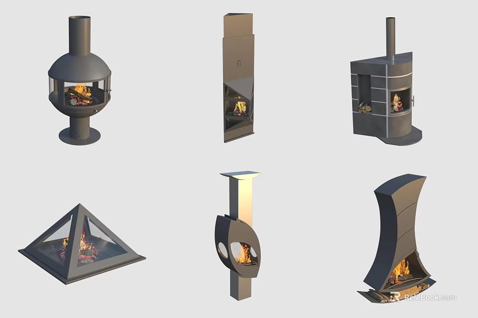 Various Unique Shaped Fireplace Designs With Burning Flames For Interior Decoration 3d model 