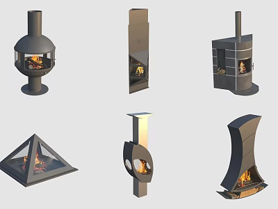 Various Unique Shaped Fireplace Designs With Burning Flames For Interior Decoration 3d model