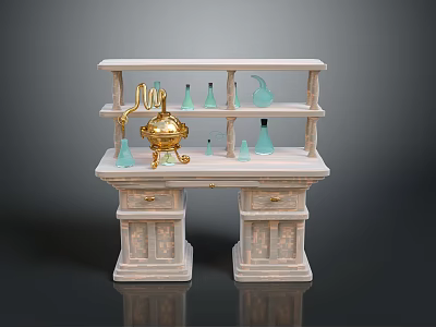 Elegant Marble Display Shelf With Golden Container And Blue Glass Bottles 3d model
