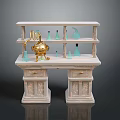 Elegant Marble Display Shelf With Golden Container And Blue Glass Bottles