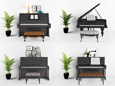Black Piano With Bench Framed Artworks Green Plants And Music Sheets 3d model