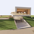 Modern Architectural Building With White Roof Green Area And Trees Around Pathways