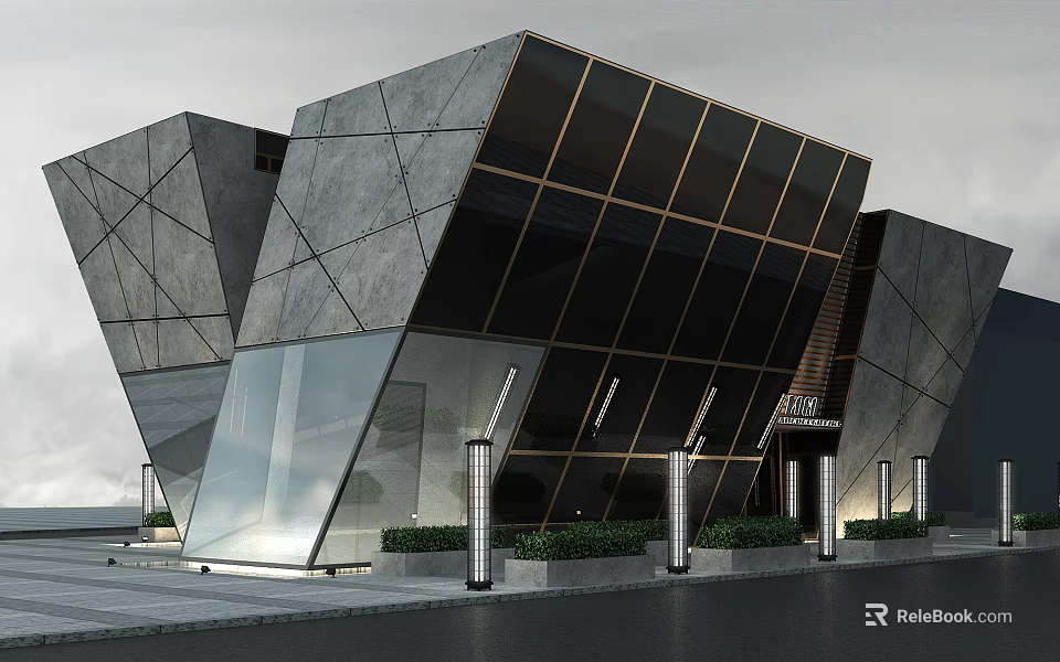 Modern Architectural Building Design With Geometric Stone Facade And Glass Windows 3d model 