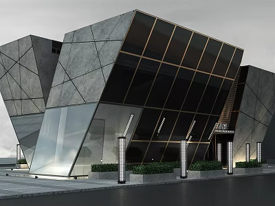 Modern Architectural Building Design With Geometric Stone Facade And Glass Windows 3d model