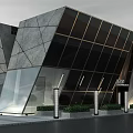 Modern Architectural Building Design With Geometric Stone Facade And Glass Windows