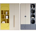 Modern Wardrobes Featuring Yellow Open Shelves Grey White Panels Circular Niches And Rabbit Figurine
