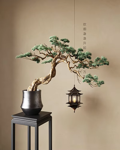Pine Bonsai Plant In Black Pot Featuring Hanging Lantern On Black Stand Against Light Wall 3d model