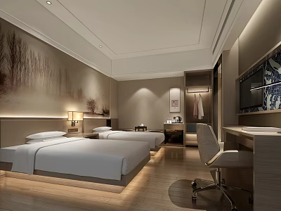 Modern Hotel Guest Room With Twin Beds Elegant Decorative Painting Writing Desk And Warm Lighting 3d model