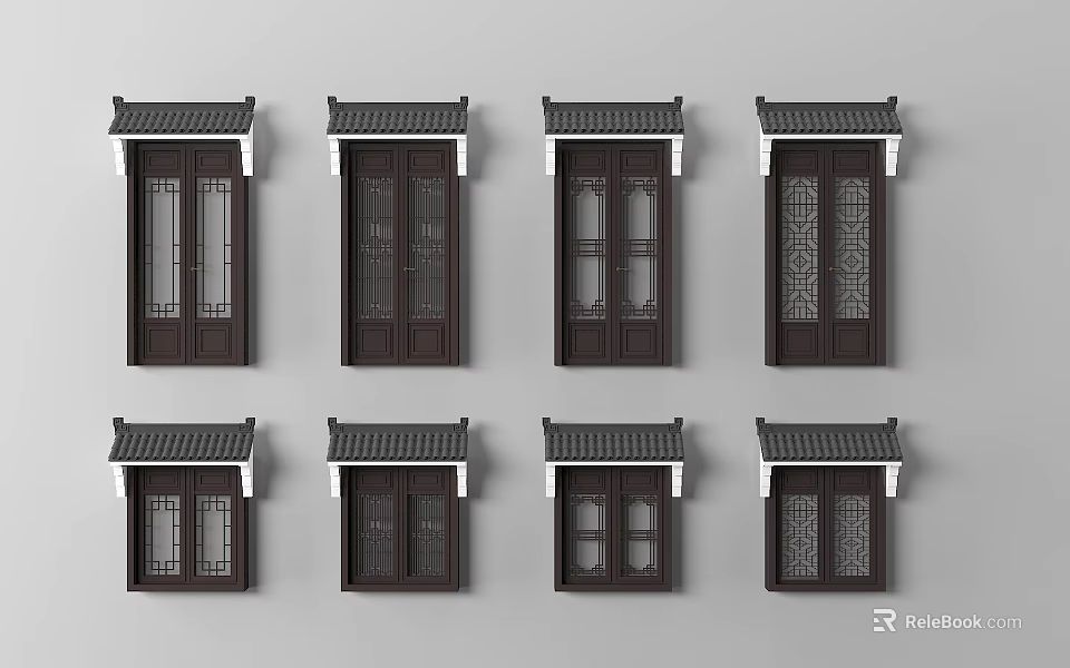 Traditional Chinese Carved Windows In Different Styles With Tile Roofs 3d model