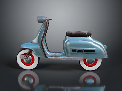 Light Blue Vintage Scooter Model With Black Seat White Wheels Red Rims And 200 Logo 3d model