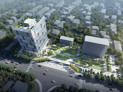 Modern Office Building With Green Roof And Surrounding Urban Park And Greenery 3d model
