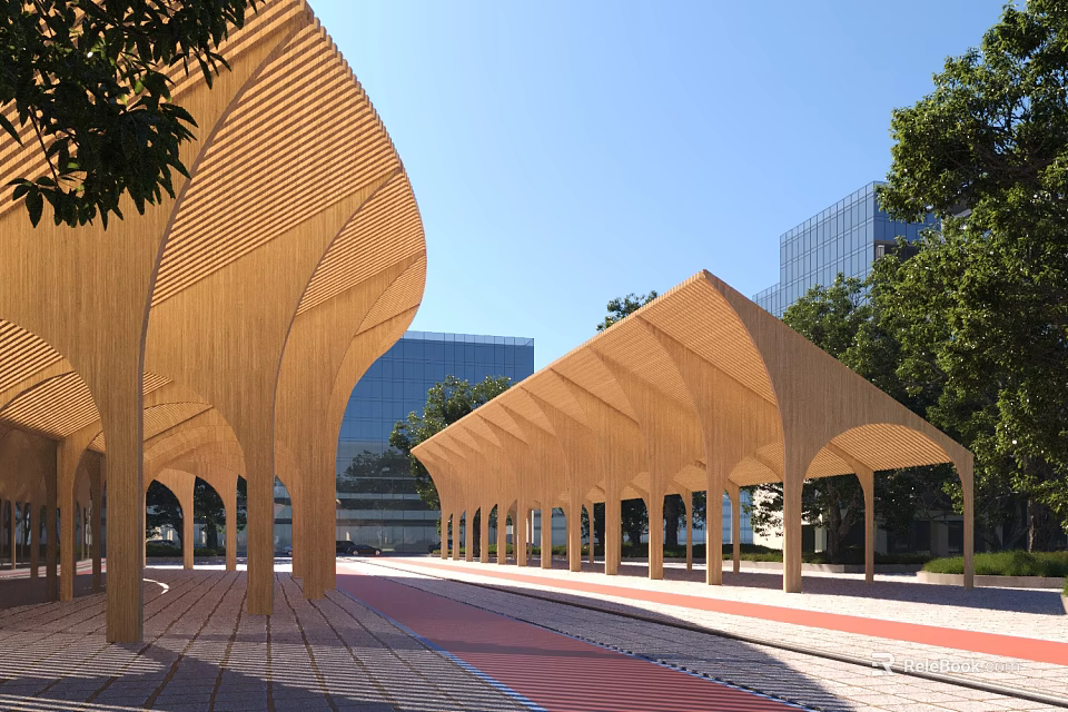 Outdoor Double Row Wooden Curved Pergola with Trees and Modern Building Background 3d model 
