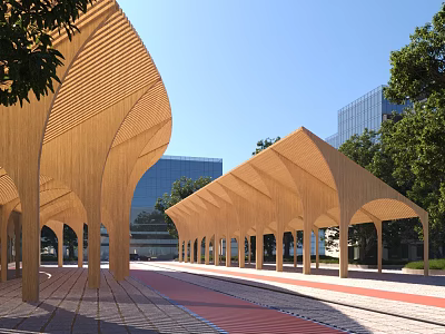 Outdoor Double Row Wooden Curved Pergola with Trees and Modern Building Background 3d model
