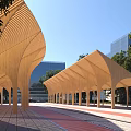 Outdoor Double Row Wooden Curved Pergola with Trees and Modern Building Background