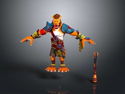 3D Fantasy Character Model With Orange Skin Blue Shoulder Armor Claw Feet And Weapon 3d model