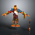 3D Fantasy Character Model With Orange Skin Blue Shoulder Armor Claw Feet And Weapon