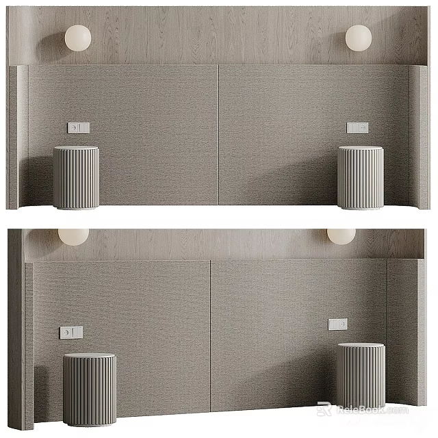 Modern Textured Gray Background Wall With Cylindrical Decor Switch Panels And Ceiling Sphere Lights 3d model 