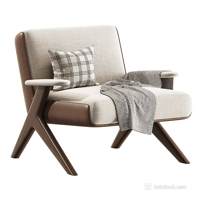 Modern Single Sofa with Beige and Brown Upholstery Plaid Pillow Gray Blanket and Wooden Legs 3d model 