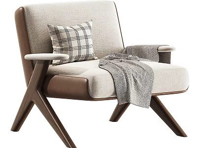 Modern Single Sofa with Beige and Brown Upholstery Plaid Pillow Gray Blanket and Wooden Legs 3d model