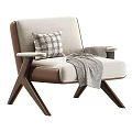 Modern Single Sofa with Beige and Brown Upholstery Plaid Pillow Gray Blanket and Wooden Legs