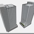 Twin Modern High Rise Office Buildings With Glass Curtain Walls And White Rooftops