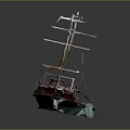Vintage Red Sailing Ship with Rusted Masts and Weathered Wooden Deck