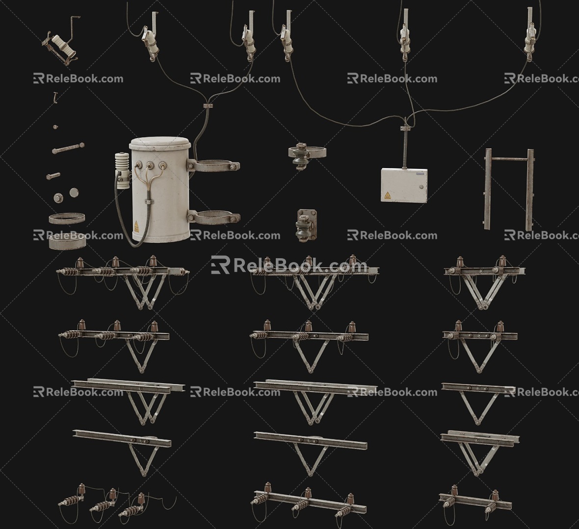 Old-fashioned wire pole high-voltage wire accessories combination transformer box cable signal tower industrial wire accessories transformer wire pole combination 3d model