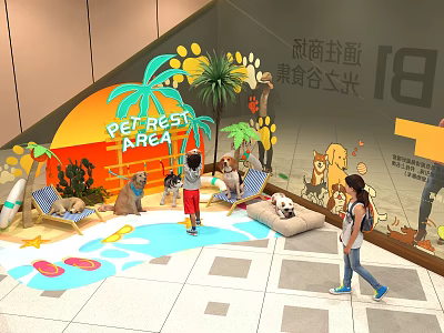 Pet Rest Area Photo Check-in Spot With Cartoon Decorations Palm Trees And Pet Interactions 3d model