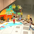 Pet Rest Area Photo Check-in Spot With Cartoon Decorations Palm Trees And Pet Interactions