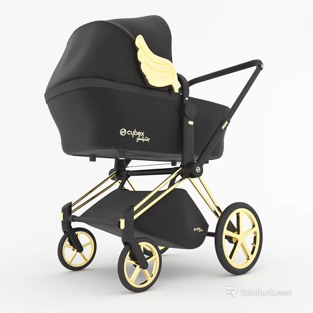 Babyjoy Black Baby Stroller With Gold Wings And Decorative Gold Wheels Frame Details 3d model 