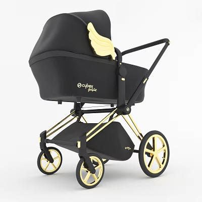 Babyjoy Black Baby Stroller With Gold Wings And Decorative Gold Wheels Frame Details 3d model