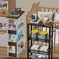 Organized Kids Room With Wooden Crib Multilayer Storage Cart Toys And Milk Powder Tins