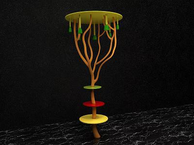 Interactive Area With Tree Like Structure Yellow Top Disc Green Pendants And Colorful Platforms 3d model