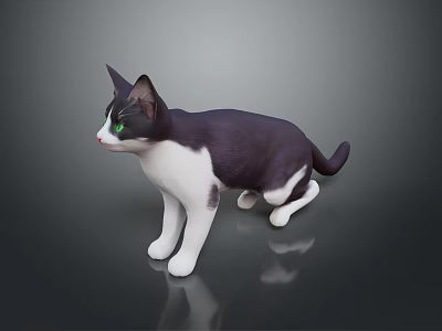 Black and white cat with green eyes in standing pose on dark reflective surface 3d model